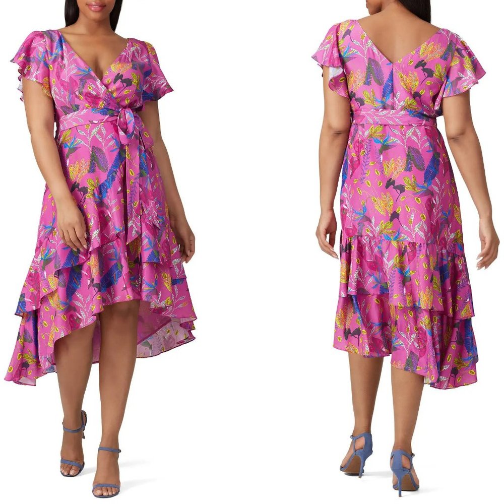 NWT Tanya Taylor Dita true wrap dress, 100% silk, Short-Sleeve, 16, Pink Pattern